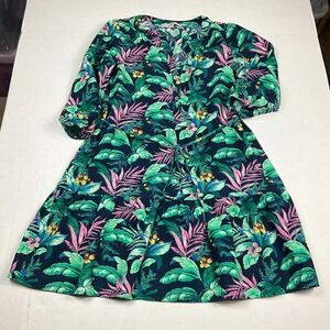 LOFT Linen Blend Shift Dress Floral Tropical Print 3/4 Sleeve Drop Waist Size XS